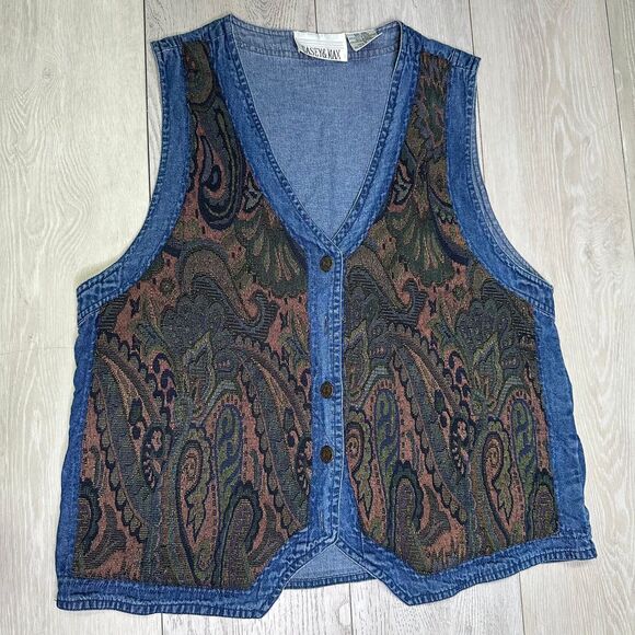 Vintage Casey‎ & Max women's paisley denim cotton vest patchwork size medium - Picture 1 of 5